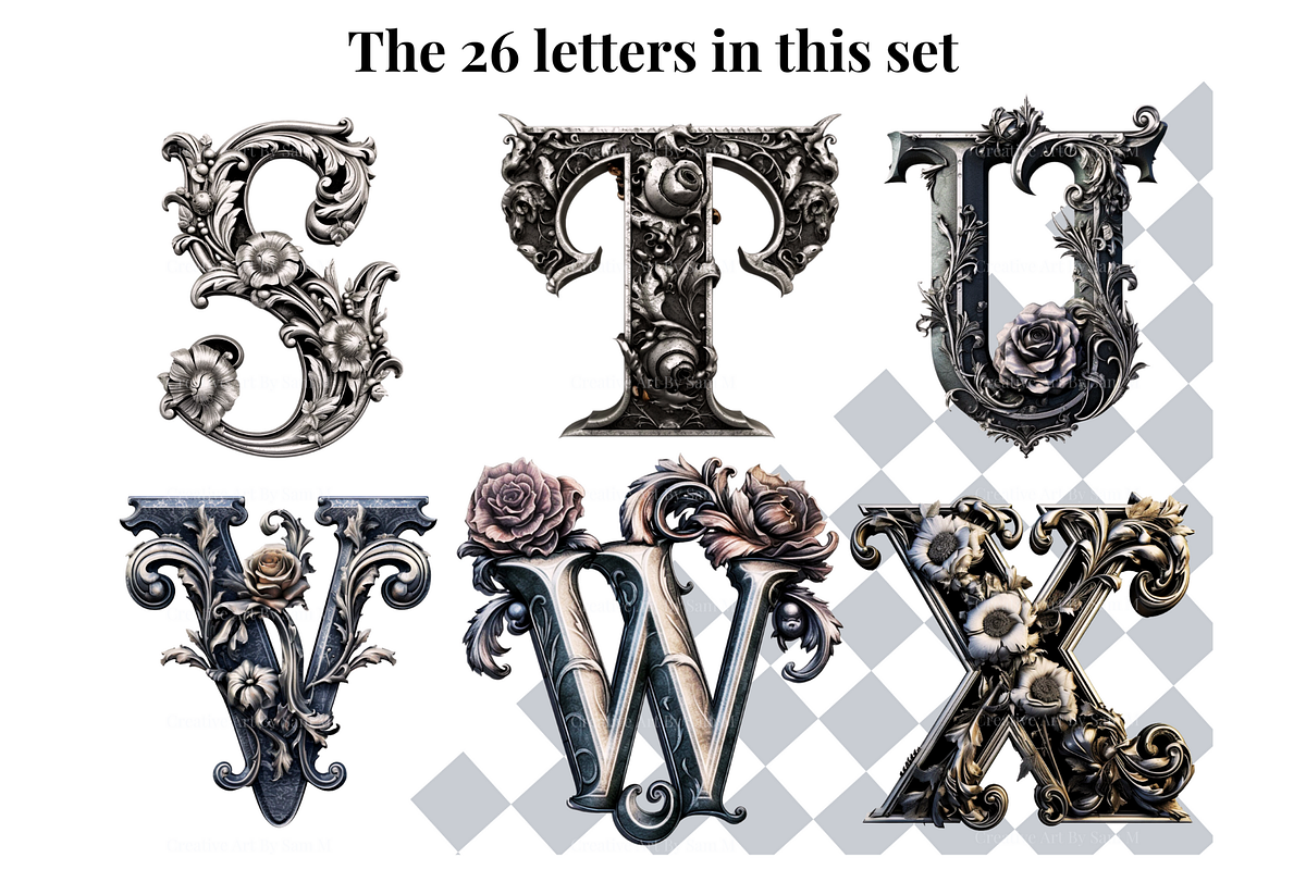 Gothic Silver Rose Alphabet Letters, a Decorative Illustration by Creative Art By SamM (Photo 3 of 10)