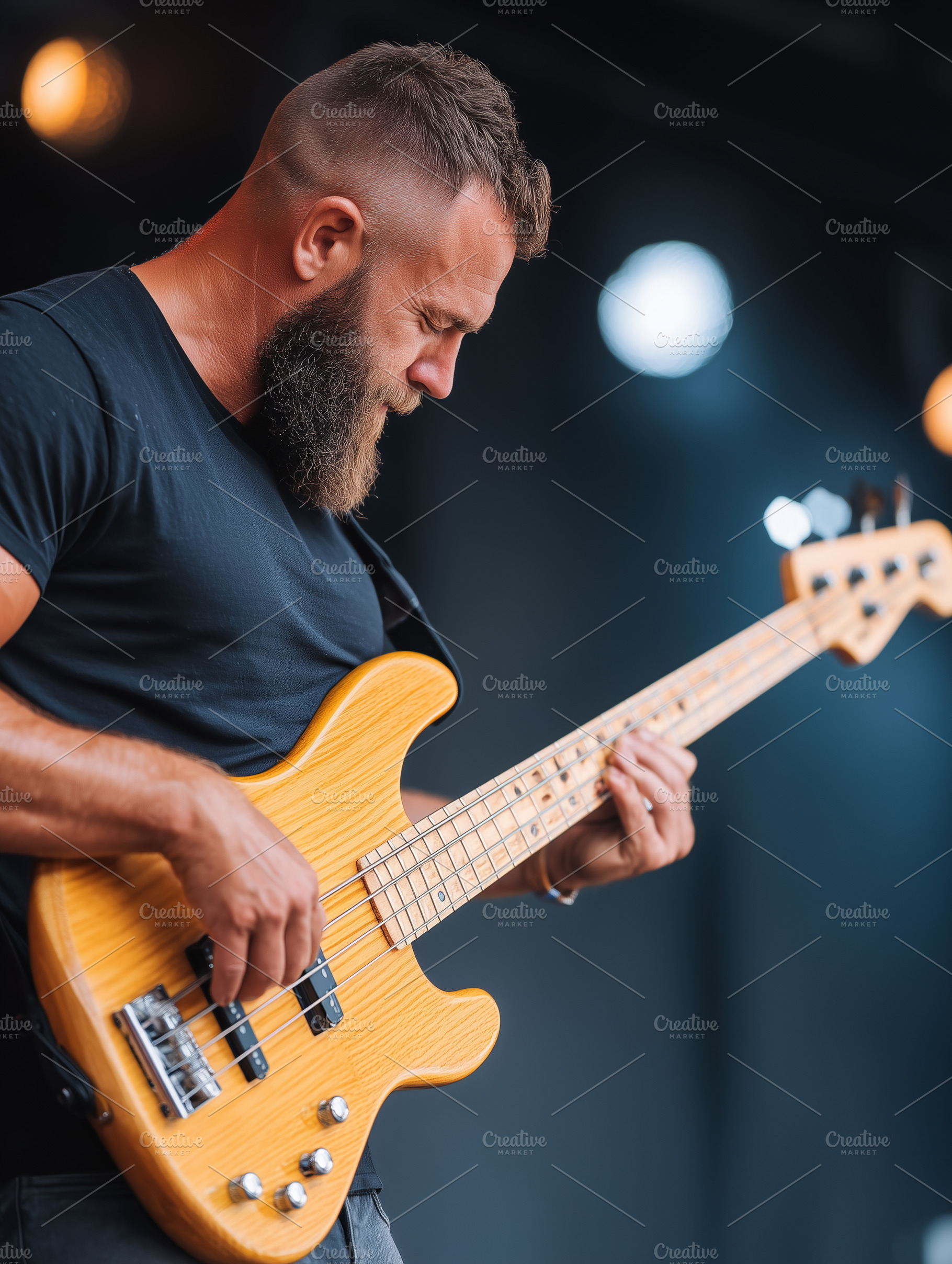 Bearded male bassist passionately, an Arts & Entertainment Photo by MistyDay