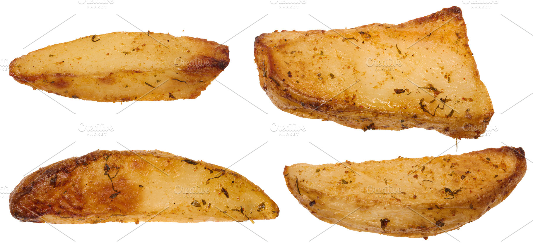 Four baked country style potato wedges with golden crust and dri, a Food & Drink Photo by ndanko