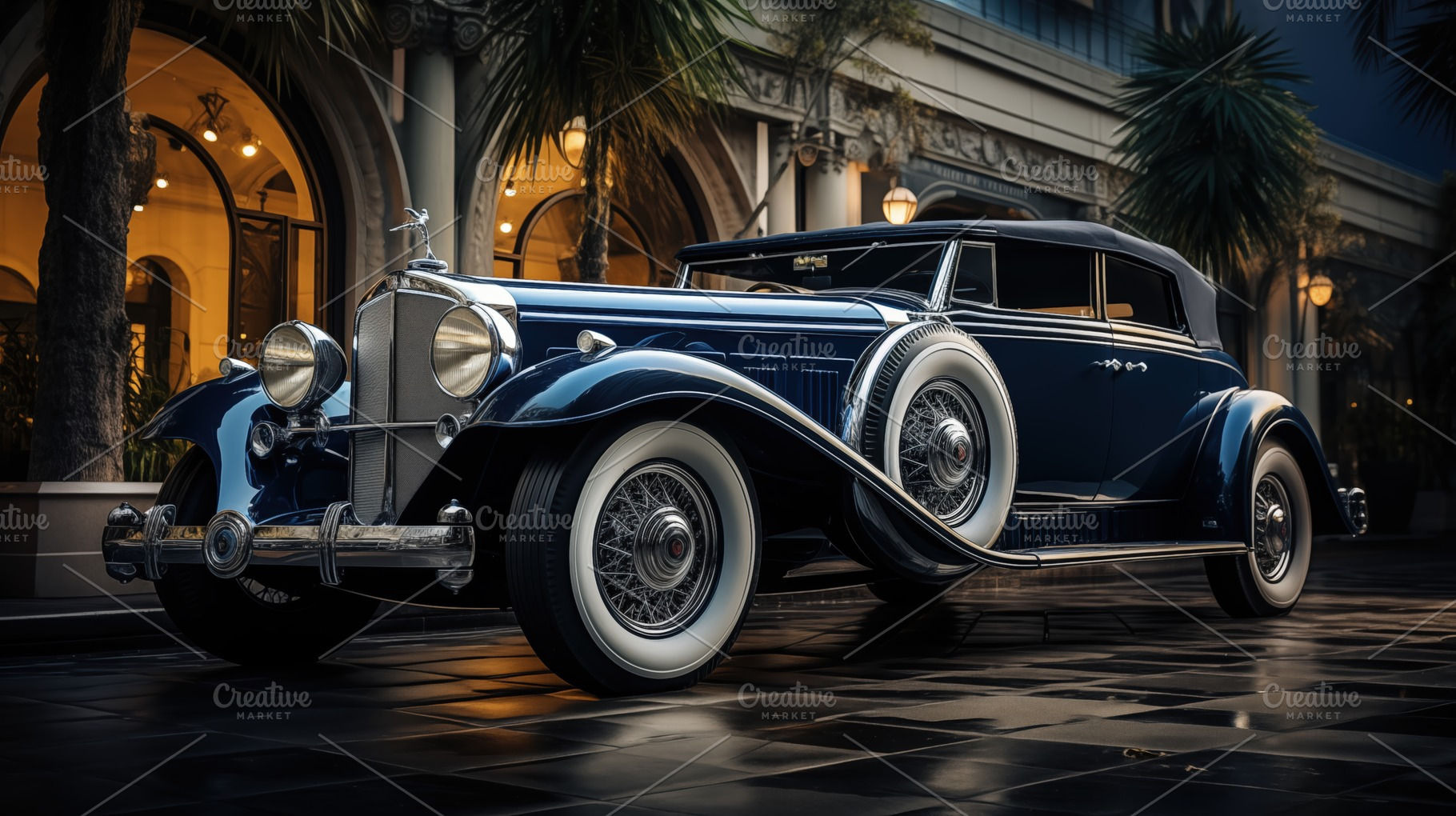 A vintage art deco blue convertible car parked in front of an elegant building, an Arts & Entertainment Photo by Textures & Backgrounds