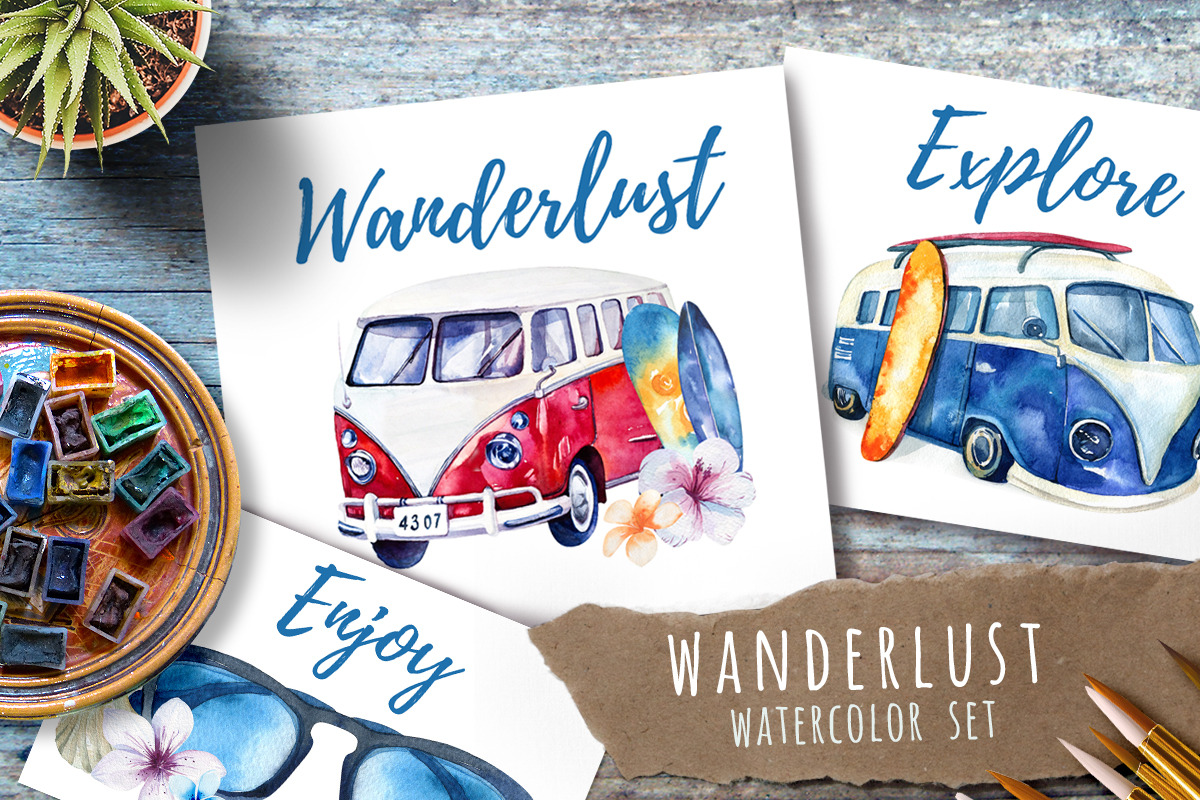Watercolor travel & surfung set, a Transportation Illustration by Peace ART (Photo 1 of 5)
