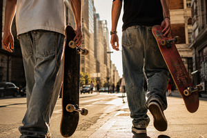Skateboarders walk down the street, a Photo by Beautiful things