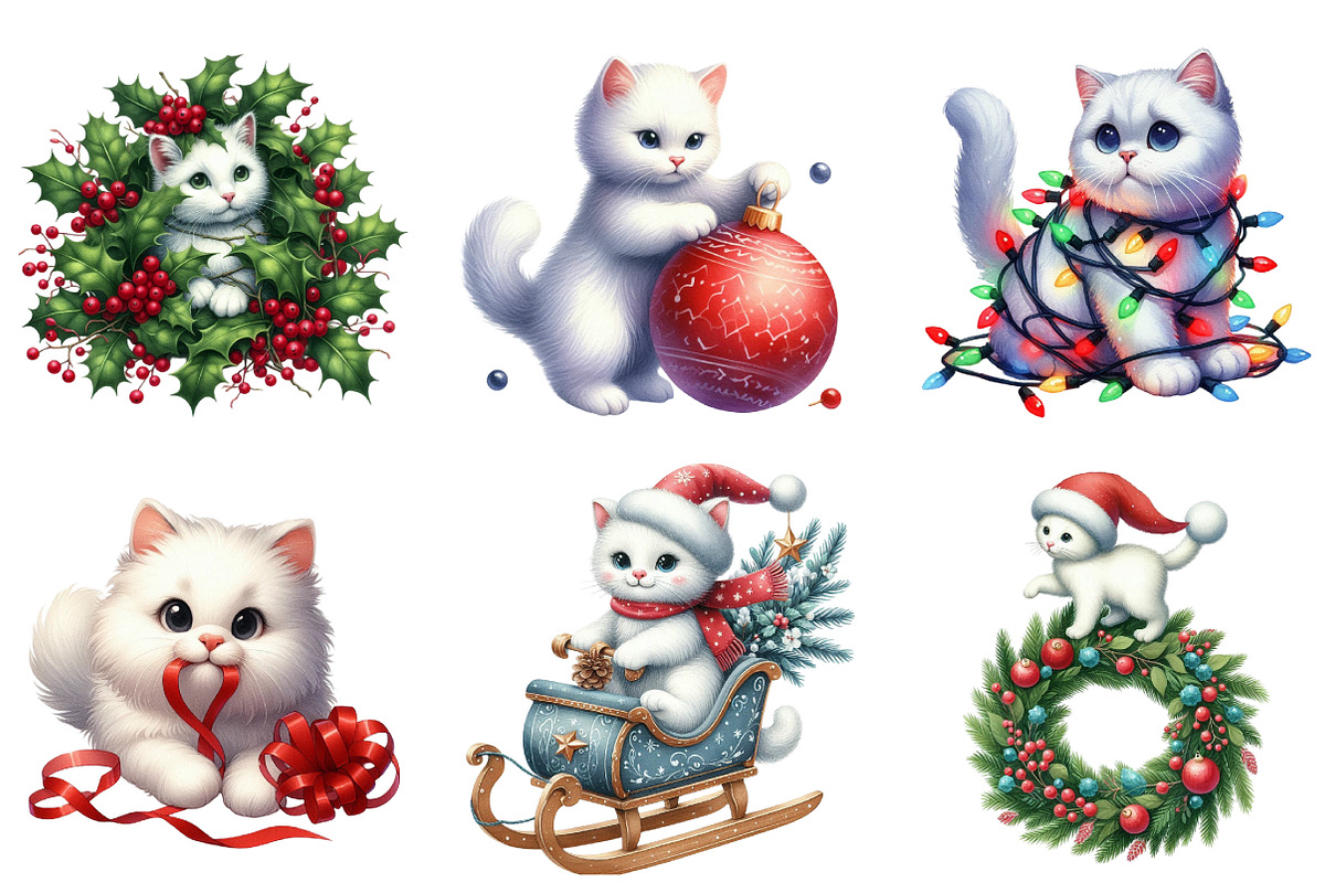 Christmas White Cat Clipart, Funny, an Illustration by DreamArtGraphic (Photo 3 of 4)