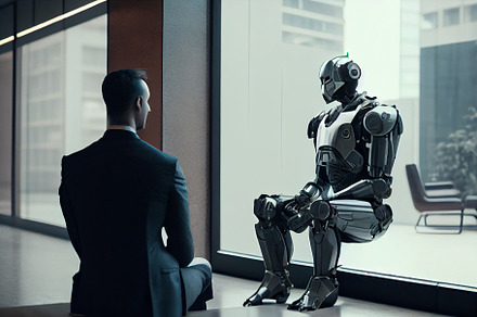 Man and AI robot waiting for a job interview
