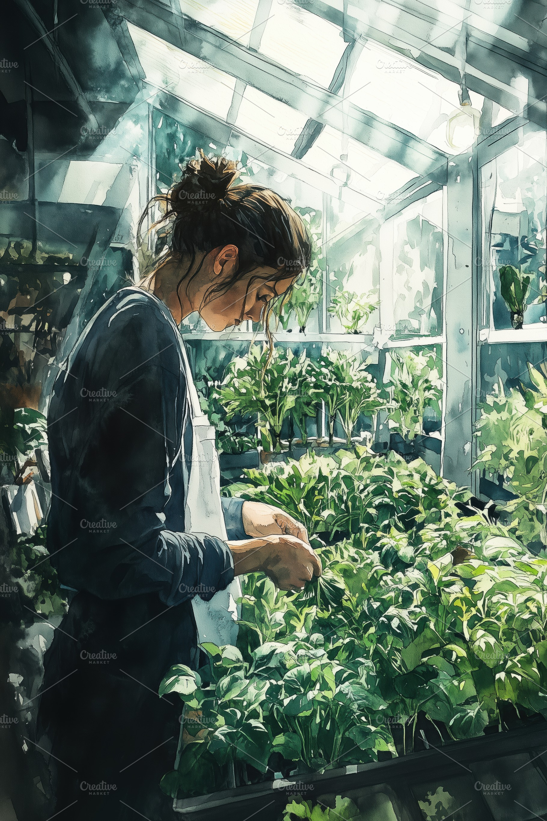 A woman tending to plants in a greenhouse, surrounded by lush greenery and sunl, a Technology Photo by Textures & Backgrounds