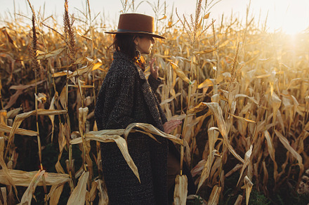 Woman walking in autumn sunset maize, a Person Photo by Sonjachni