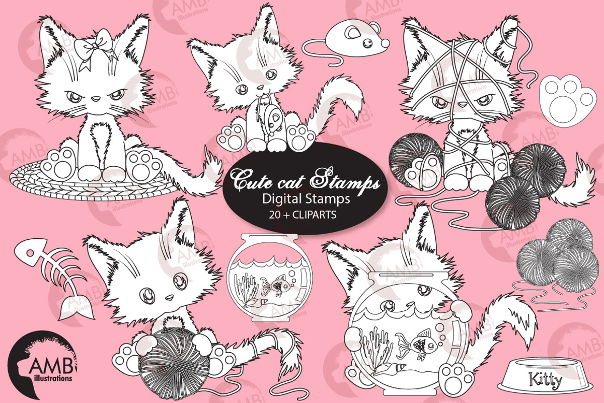 Cutey Cat Digital Stamps AMB-2655, an Illustration by AMBillustrations (Photo 1 of 4)