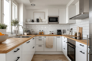 Modern white kitchen with wood count, a Photo by Pixeness Studio