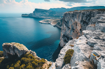 The rugged cliffs rise dramatically, a Photo by Tanuart