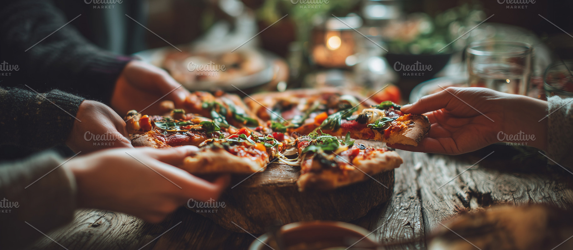 Friends sharing slices of pizza, a Food & Drink Photo by MistyDay