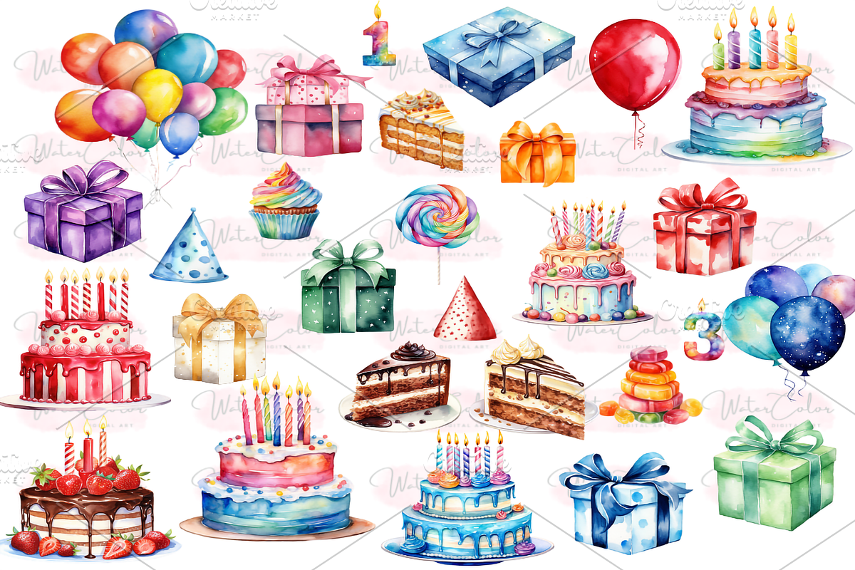 Happy Birthday Clipart Collection, a Decorative Illustration by Watercolor Digital (Photo 5 of 9)
