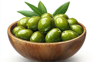 Green olives in a wooden bowl fresh, a Food & Drink Photo by Pixeness Studio