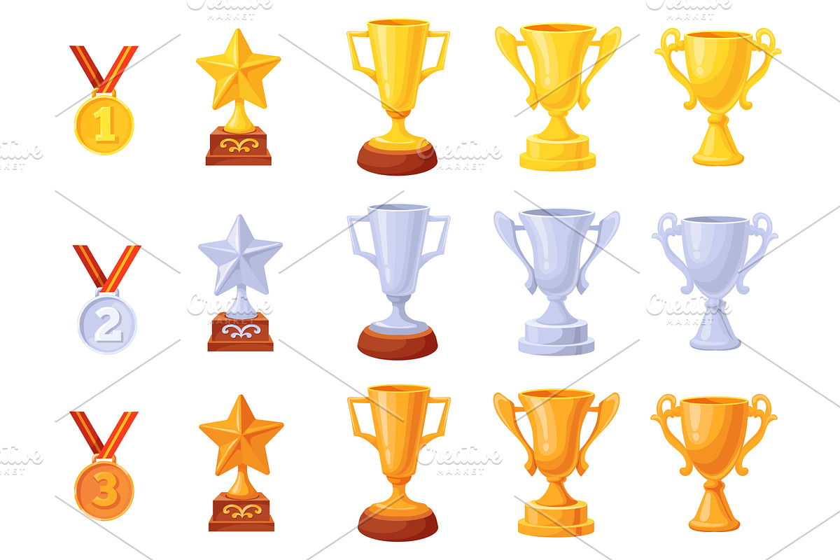 Silver bronze trophy cups. Golden, an Illustration by Stock-Smart-Start