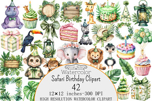 Watercolor Safari Birthday Clipart, a Seasonal Illustration by Design Market