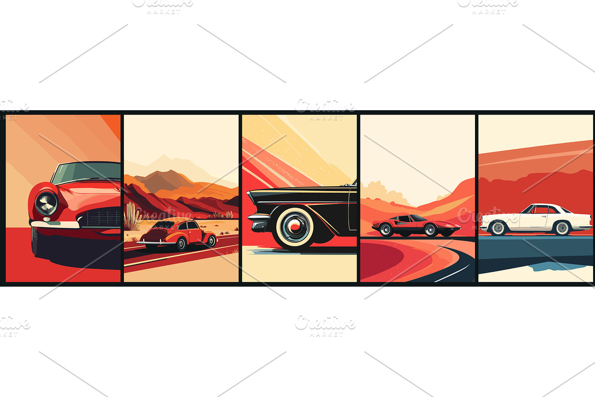 Retro car posters. Old automobile in, a Transportation Illustration by Stock-Smart-Start