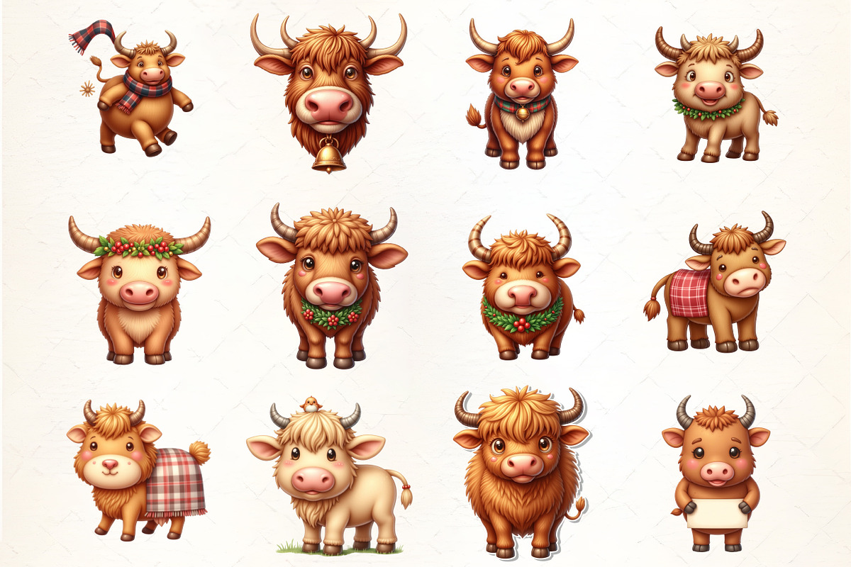Cute Western Highland Cows Clipart, an Illustration by CrexoraLab (Photo 2 of 5)