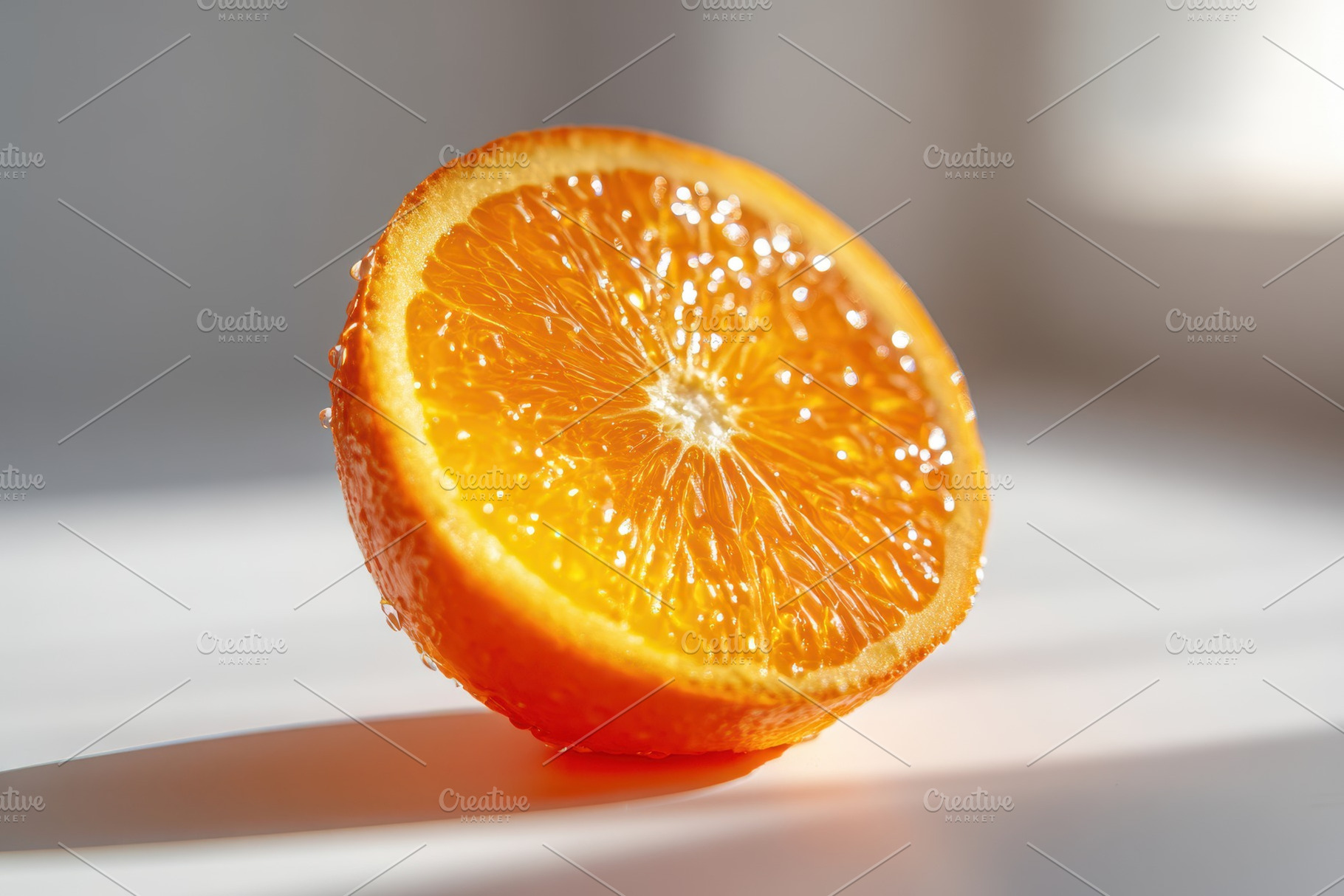 Fresh orange half on speckled surface, a Food & Drink Photo by AlyaAnd