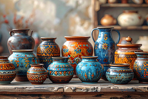 Colorful Handcrafted Ceramic Pots on Rustic Table, an Arts & Entertainment Photo by Davizro's Market