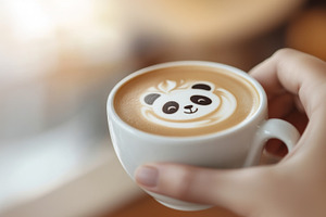 Cup of latte art with panda design i, a Photo by Dvoevnore photos