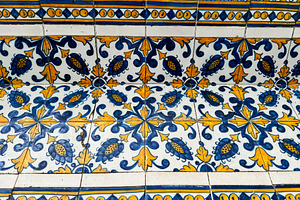 Ornate ceramic tile design on a bench at Tomar castle, Portugal, a Photo by AS photostudio