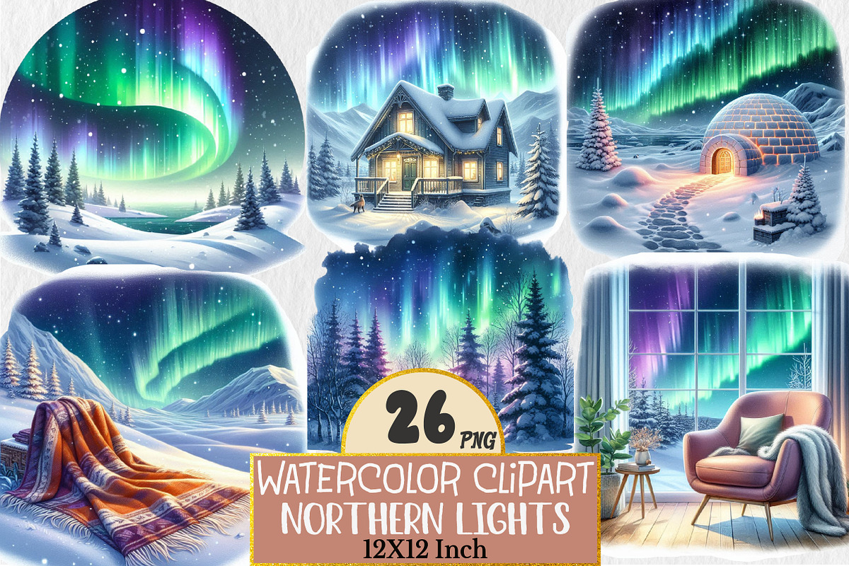 Watercolor Northern Lights Clipart, an Illustration by Rose Art (Photo 1 of 5)