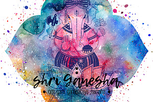Shri Ganesha. Watercolor, gold, ink.