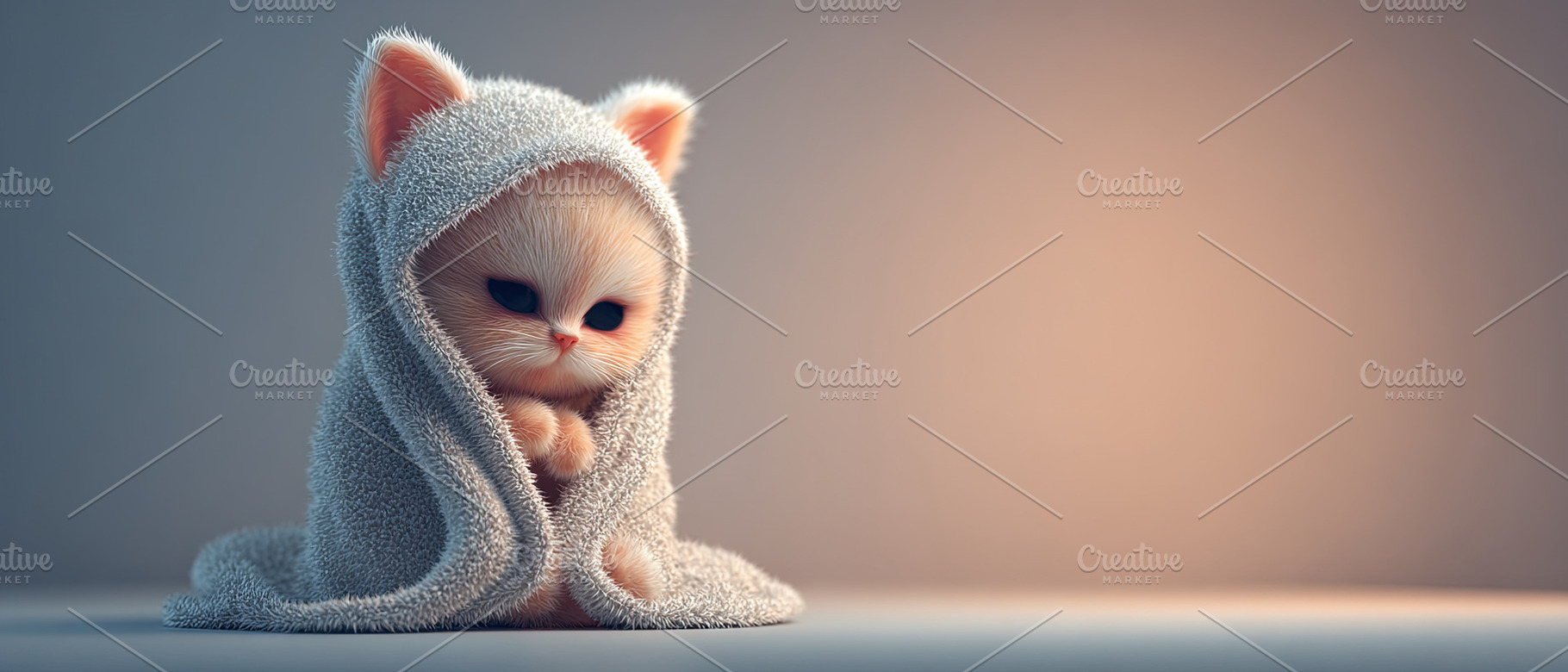 Cute fluffy kitten wrapped in a soft gray towel, sitting on a ne, an Animal Photo by Ales Munt