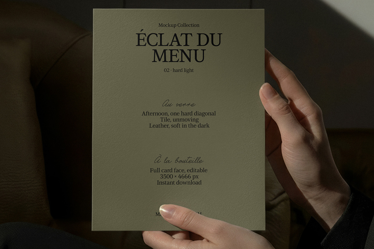 hard light menu mockup : éclat 02, a Merchandise Mockup by Made by Attic (Photo 3 of 3)