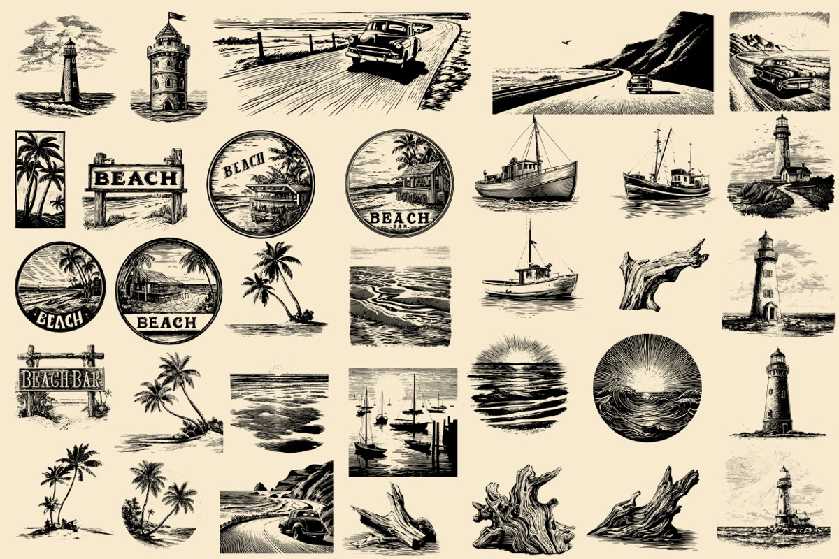Vintage Coastal Travel Illustrations, an Object Illustration by Nocturnal Wolf (Photo 22 of 27)