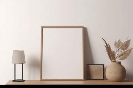 Blank print frame mockup with plants and decor on light backgrou, a Photo by Dvoevnore photos