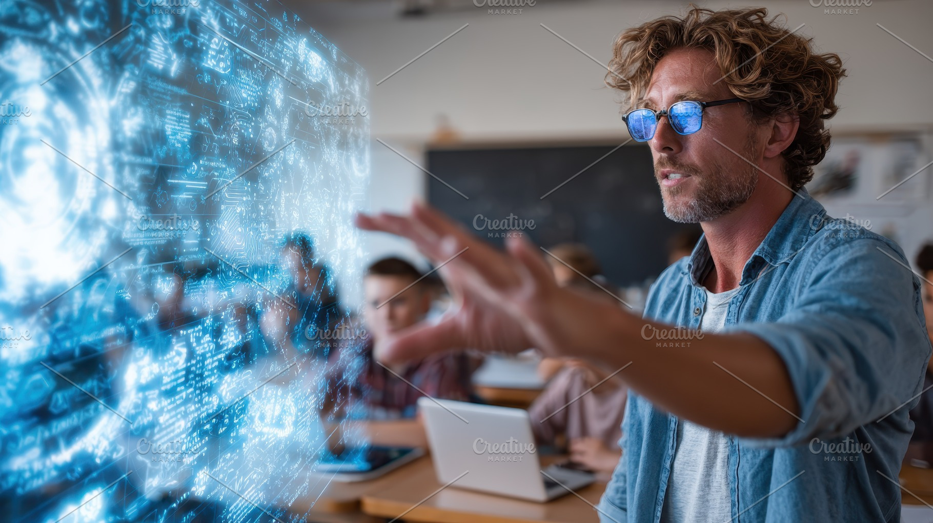 Teacher using futuristic technology, a Photo by Pixeness Studio