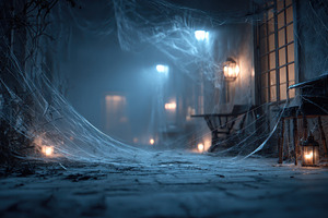 Spooky cobweb alleyway night scene d, a Photo by Pixeness Studio