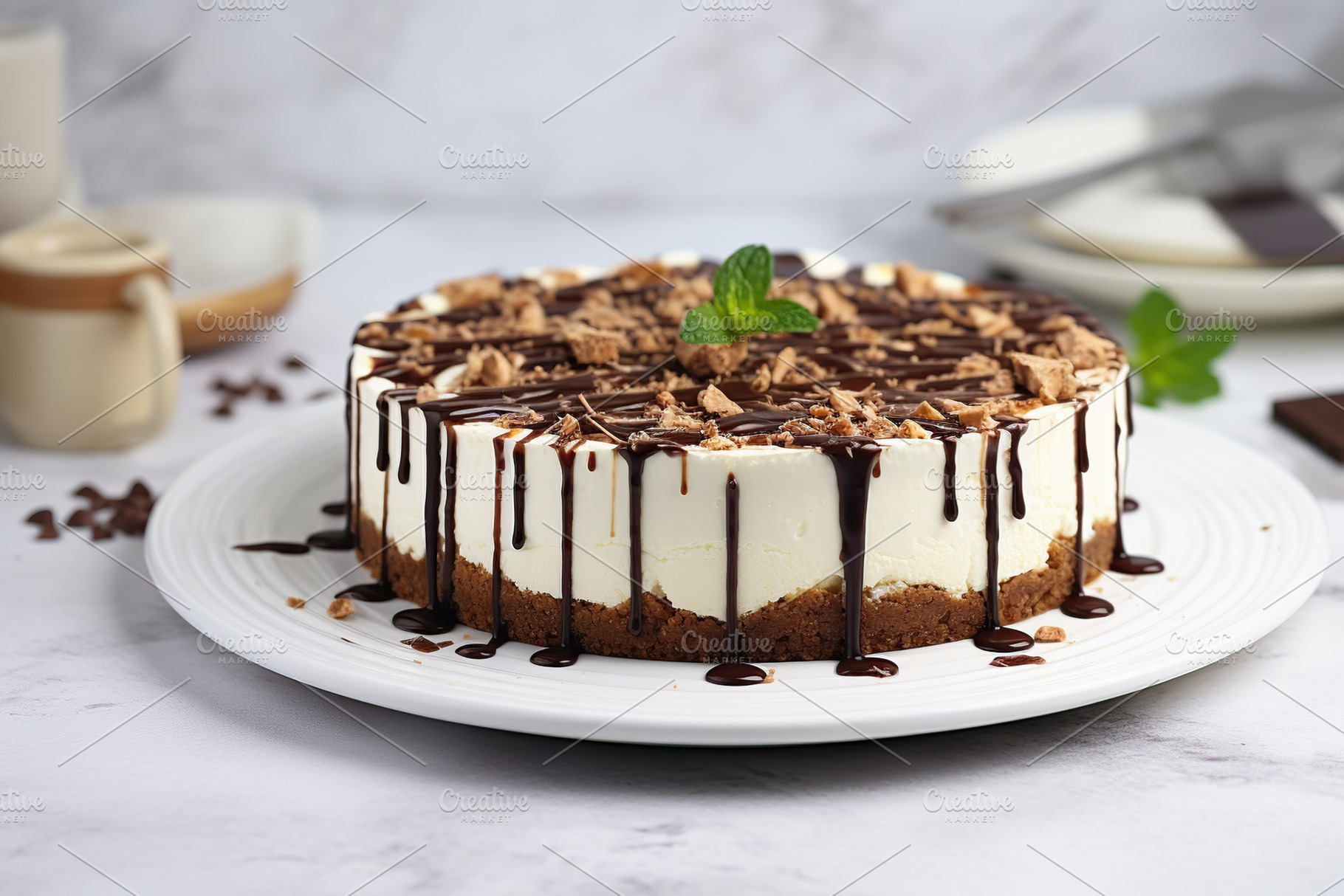Cheesecake with nuts and topping on table, a Food & Drink Photo by AlyaAnd