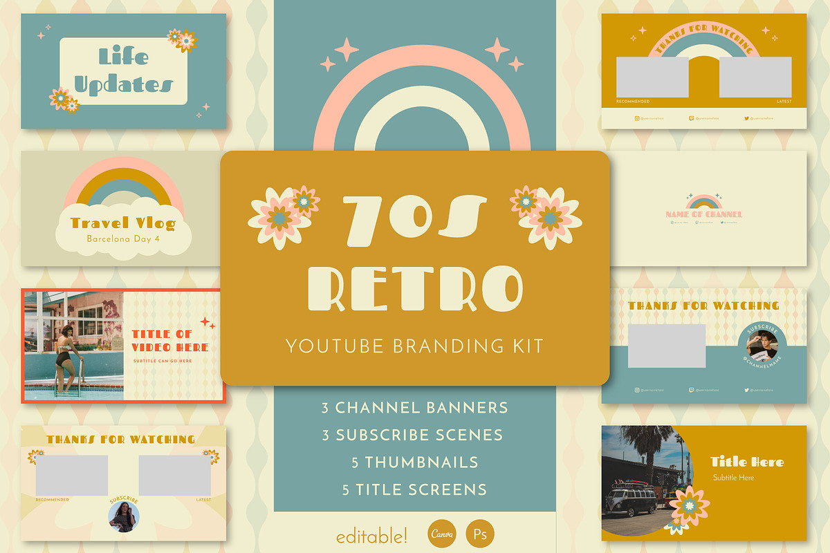 Youtube: 70s Retro Branding Kit, a Social Media Template by Liseno Designs (Photo 1 of 7)
