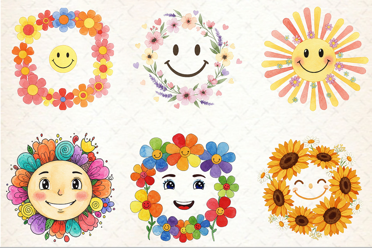 Retro Happy Face Floral Clipart Bund, an Illustration by Rose Art (Photo 3 of 3)