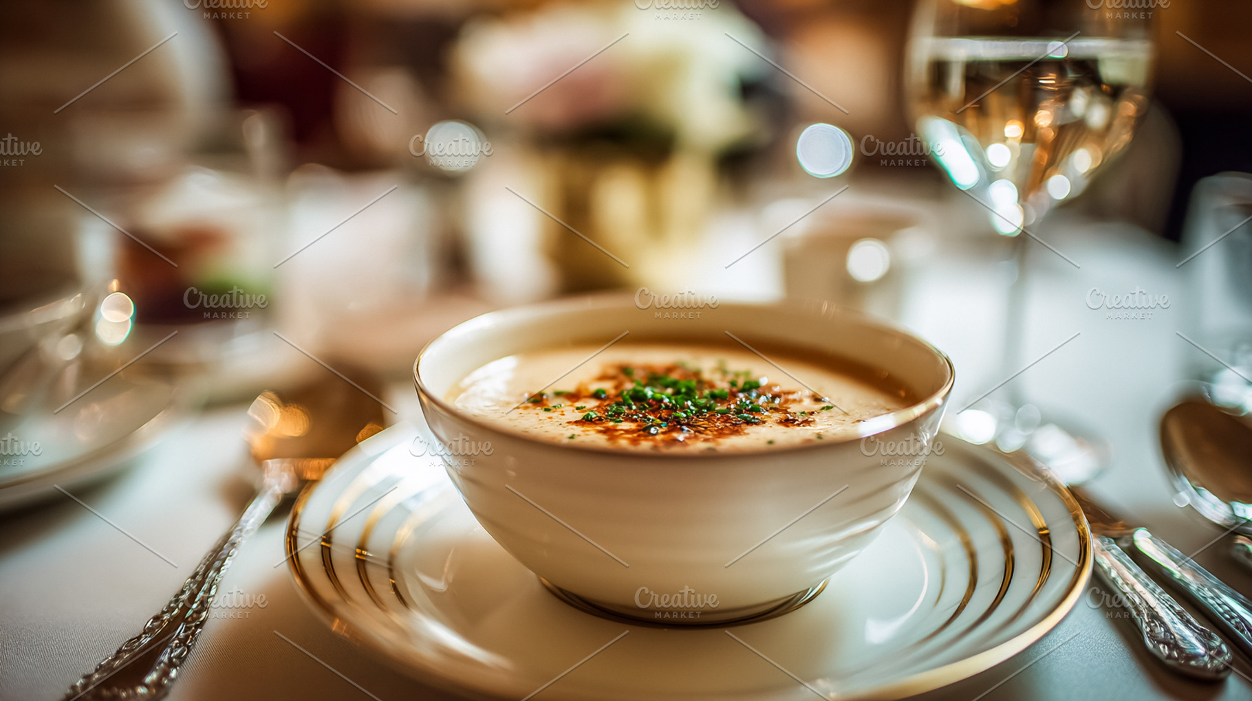 Creamy gourmet soup, garnished with herbs and paprika, presented, a Food & Drink Photo by Studio ANNA