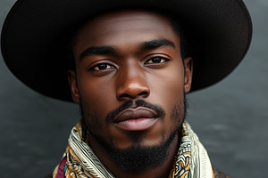 A stylish young african man with a beard wearing a large black hat and a colorf, a Person Photo by Textures & Backgrounds