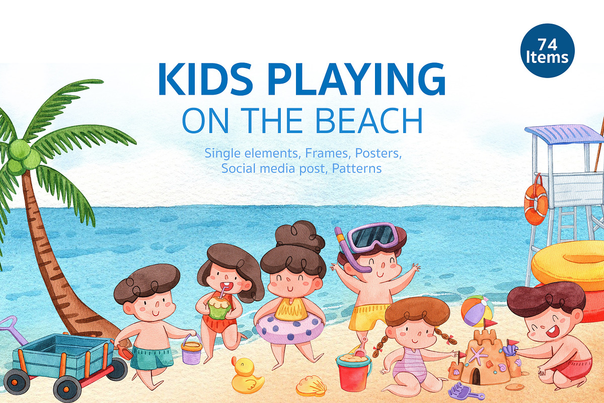 Kids Playing on the beach Watercolor, a Person Illustration by CreativeValuation (Photo 1 of 15)