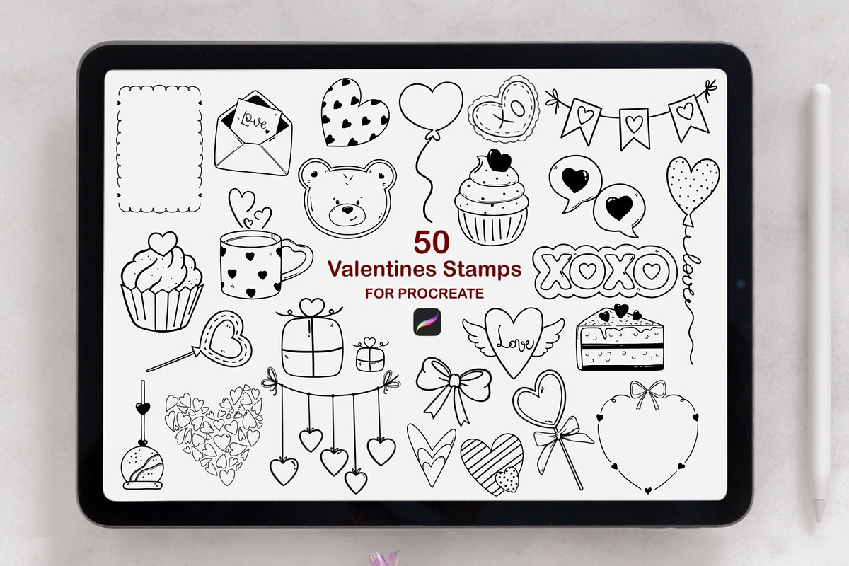 50 Valentine Procreate Stamps, a Brush Add-On by ArtGiftsStudio (Photo 1 of 5)