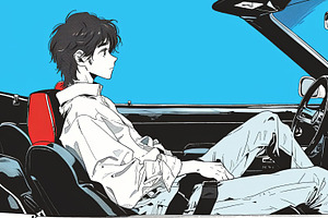 Stylish young man in white shirt sitting in a convertible car, an Illustration by AS photostudio