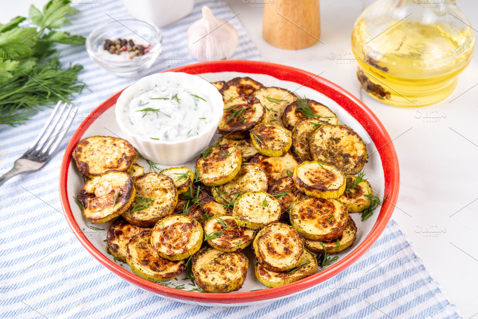 Spring and summer comfort food, Fried Zucchini slices with sauce, a Food & Drink Photo by Rimma