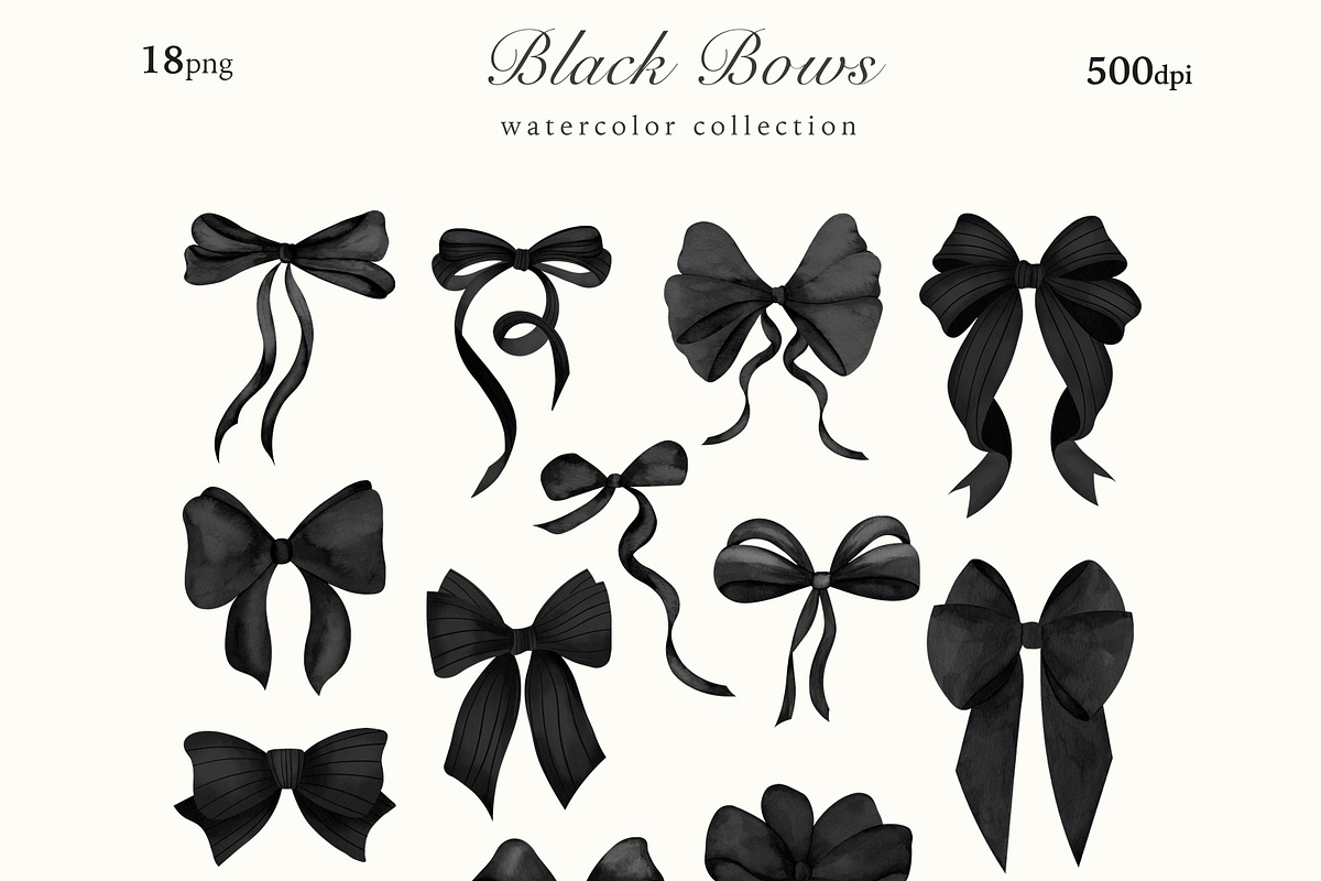 Black Bows Ribbon Watercolor Clipart, a Decorative Illustration by Ooh Lily (Photo 4 of 11)