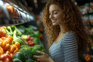 Smiling young woman selecting fresh broccoli in a vibrant grocery store filled, a Person Photo by ImageMir