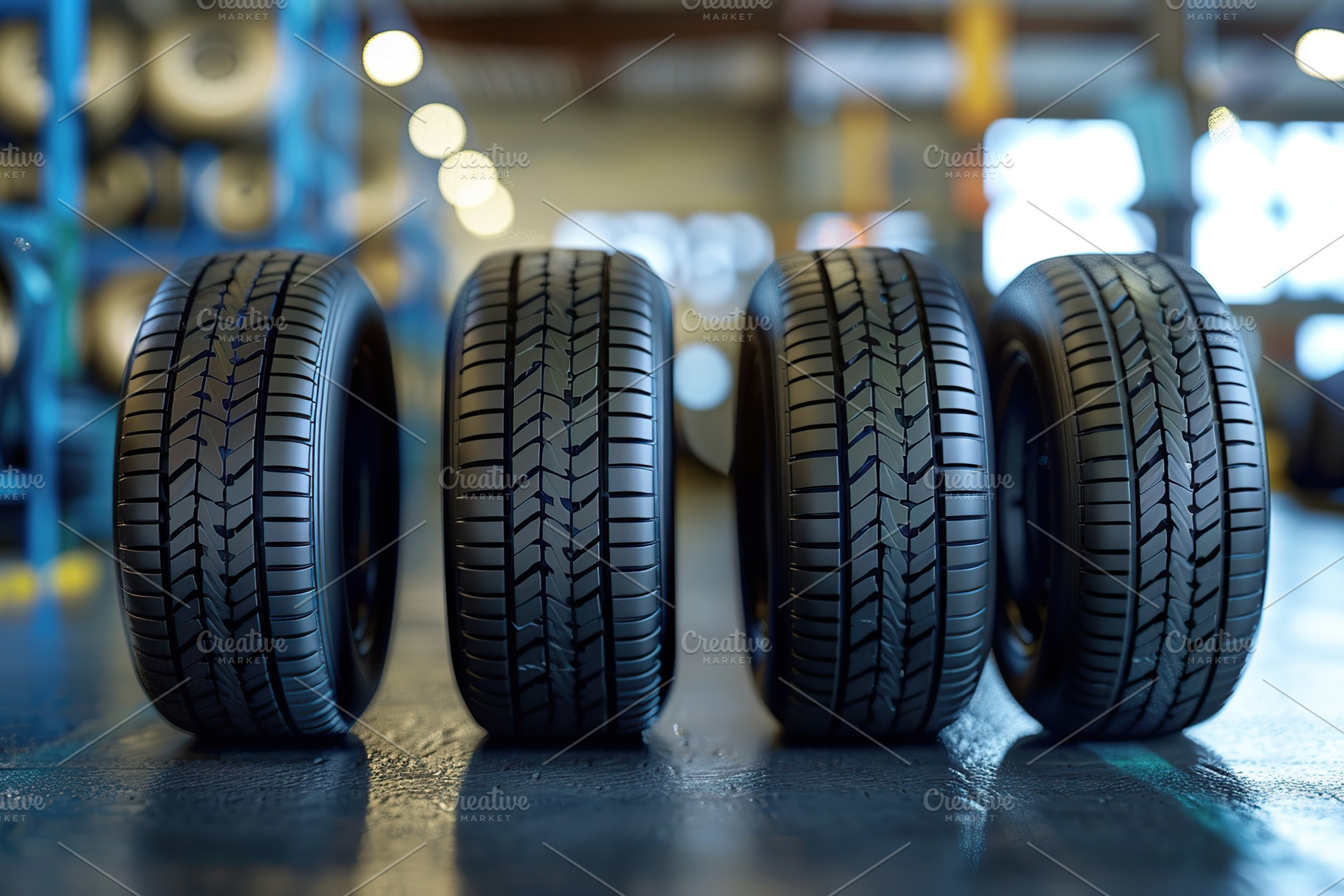 Car tires on blurred garage background, a Transportation Photo by AlyaAnd