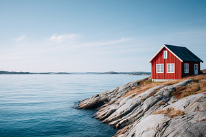 Charming red house on a rocky coast, an Architecture Photo by MistyDay