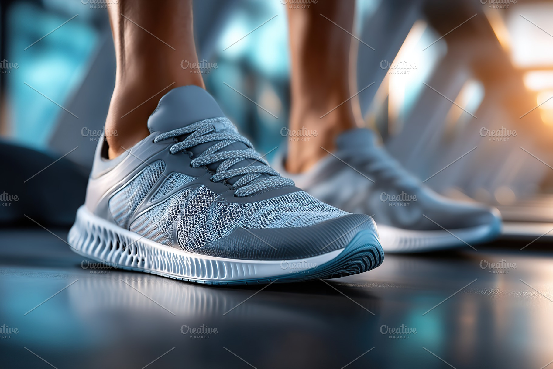 Male legs in running shoes engaged in a fitness routine at the gym during an af, a Sports & Recreation Photo by AlyaAnd