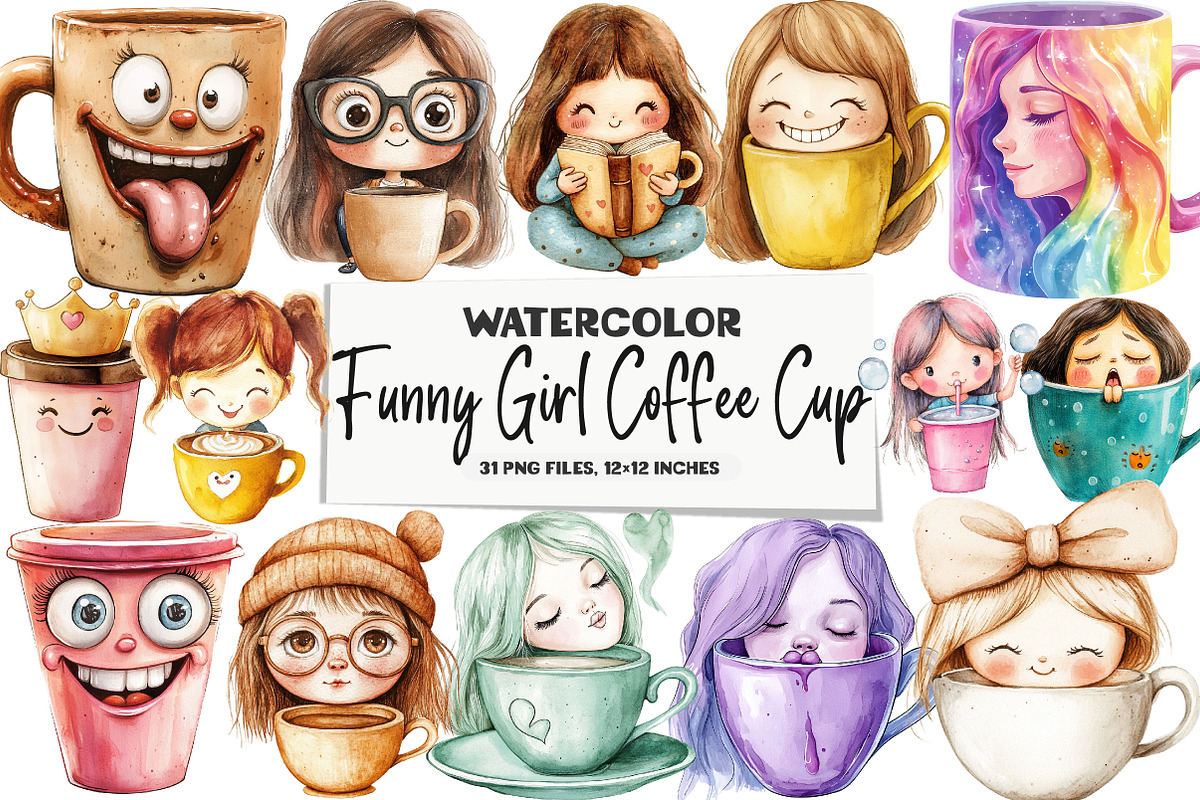 Watercolor Funny Girl Coffee Cup, an Illustration by DreamArtGraphic (Photo 1 of 5)