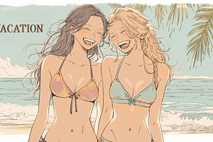 Two smiling friends enjoying a tropical beach vacation in summer sunshine, a Photo by AS photostudio