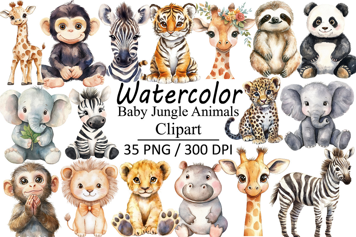 Watercolor Baby Jungle Animals, an Illustration by Design Market (Photo 1 of 3)