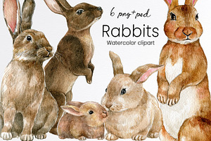 Watercolor brown rabbit clipart set